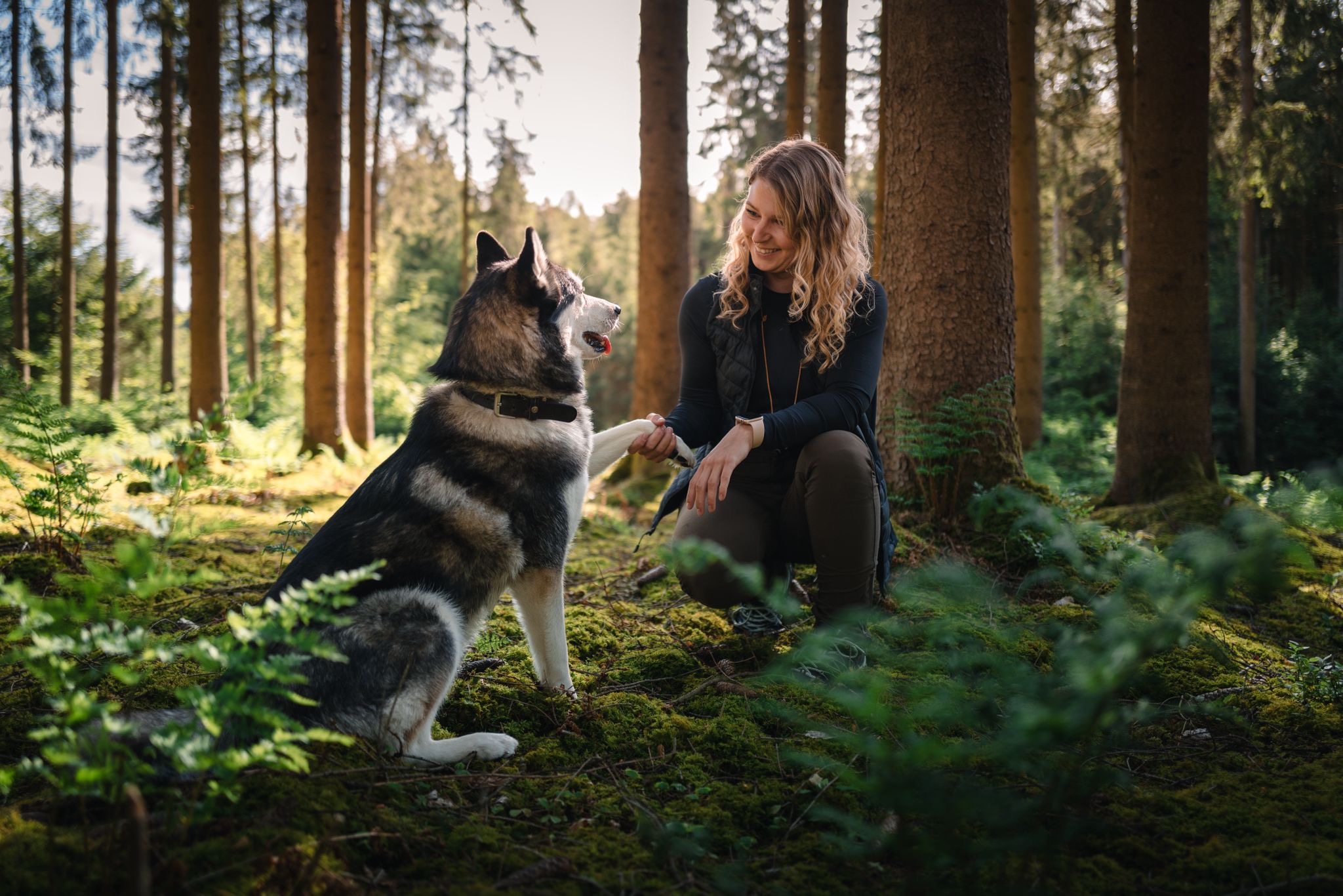 Hundetrainerin beim Training mit ihrem Hund im Wald